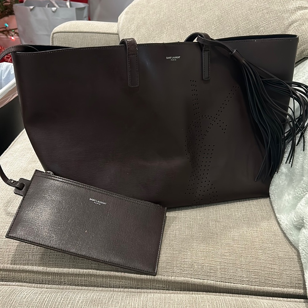 YSL brown leather tote bag with zip wallet attached